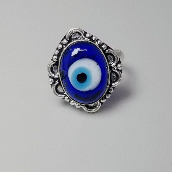 Vintage Evil Eye Blue Glass Oval Cabochon Ring, Bezel Silver Tone Size 8.5 Band - Picture 9 of 9